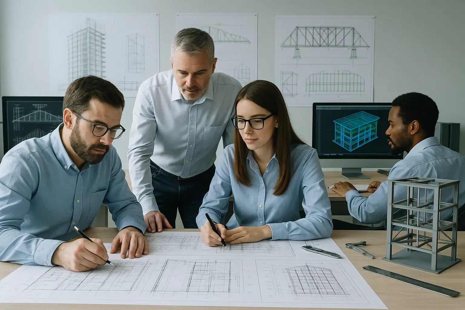 Engineering team working on structural design