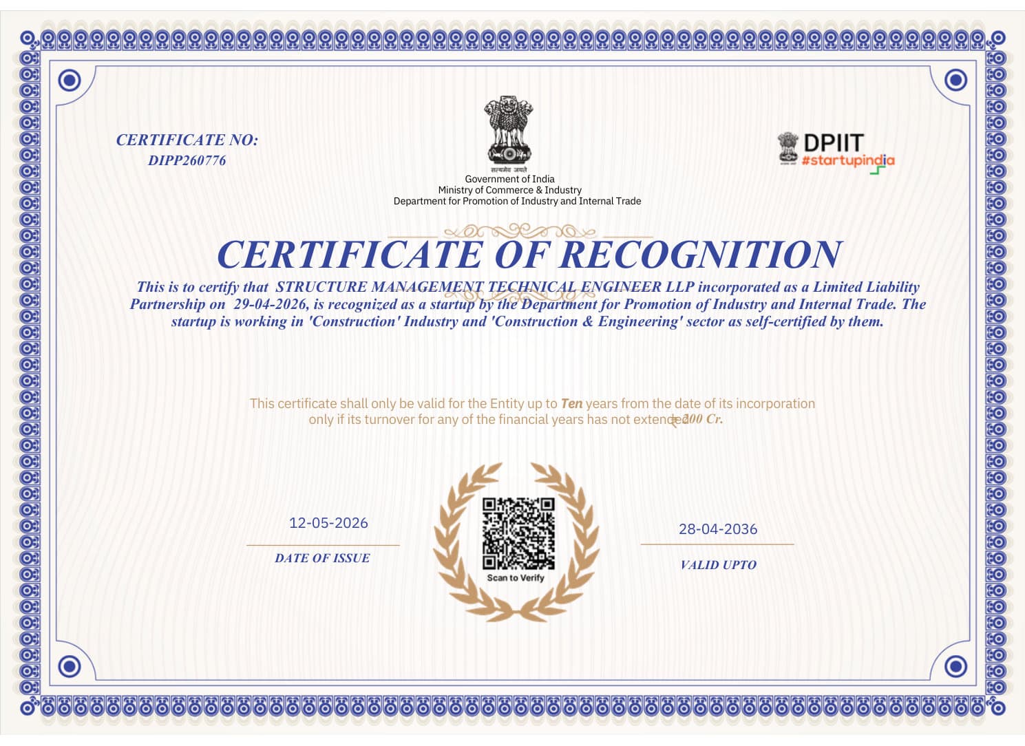 Startup India — DPIIT Recognition certificate — SMT Engineer LLP