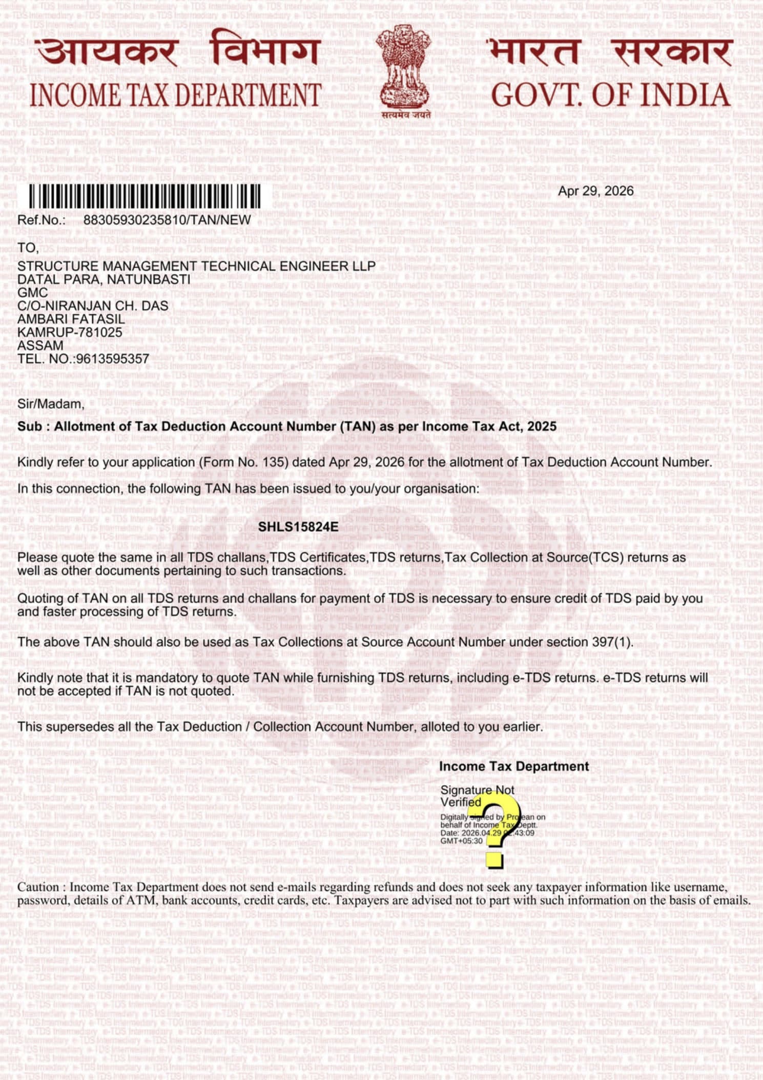 TAN Allotment (Income Tax) certificate — SMT Engineer LLP